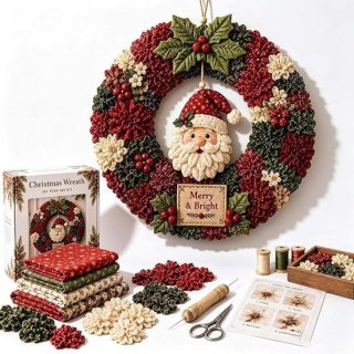DIY kerstkrans kit - DIY Patchwork Set - 3D stoffen poke krans kit - Kerstkrans - Ontspannend - DIY Handwerkset - voor Volwassenen en Beginners en Handwerkliefhebbers - Stijl A：Kerstman