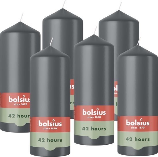 Bolsius - Gladde Stompkaarsen - Antraciet - 6 stuks - 15cm - 42 Branduren