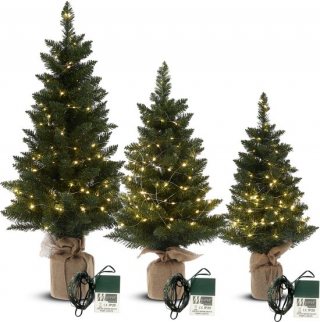 Meisterhome 3 delige Set Kunstkerstbomen met LED-verlichting - groen - Kerstboom – 3 stuks – Groen – 75/90/125 cm – Jute Voet – Brandwerend PVC
