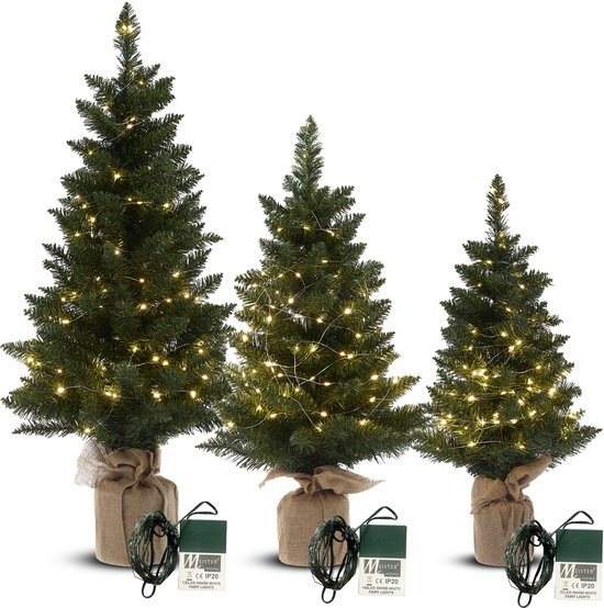 Meisterhome 3 delige Set Kunstkerstbomen met LED-verlichting - groen - Kerstboom – 3 stuks – Groen – 75/90/125 cm – Jute Voet – Brandwerend PVC
