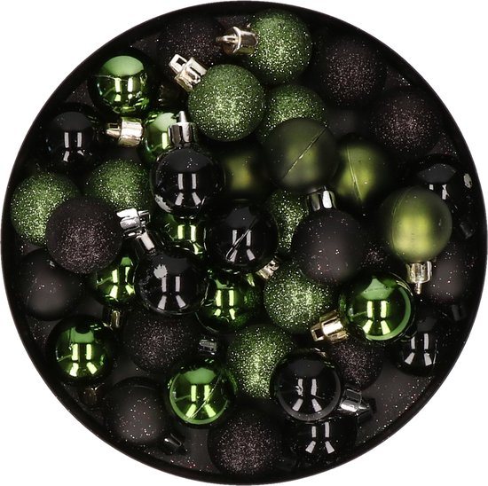 Kerstballen mix - Set van 40x stuks - kunststof - zwart en groen - Dia 3 cm - Kerstversiering - kleine balletjes voor mini boompjes