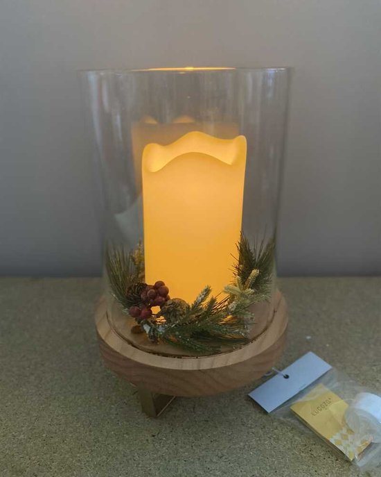 LUCOZA Kerstlantaarn windlicht | Led kaars | Met timer | Glas/hout met stalen voet
