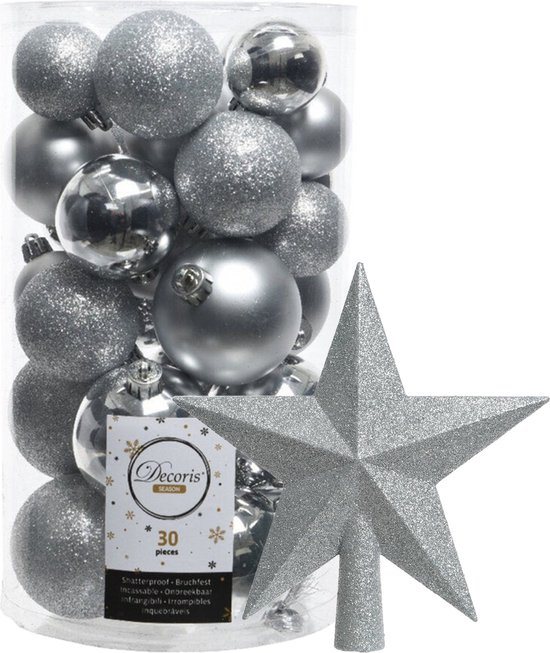 Decoris kerstballen 30x stuks - zilver 4/5/6 cm kunststof mat/glans/glitter mix en kunststof piek 19 cm