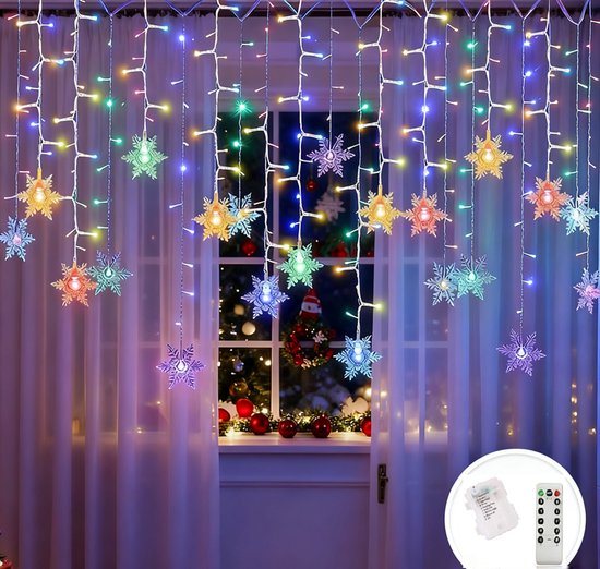 Christmas LED Kerstverlichting -Lichtgordijn Met afstandsbediening - kerst gordijnverlichting-Kerst Lichtslingers met Batterij- Vorm met Snowflakes - Kerststerren- Multicolour licht - 4 Meter- Sfeer Verlichting