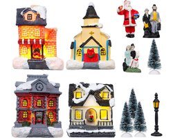 Verlicht Kerstdorp Set met LED Huisjes en Beeldjes - Miniatuur Wintertafereel Decoratie