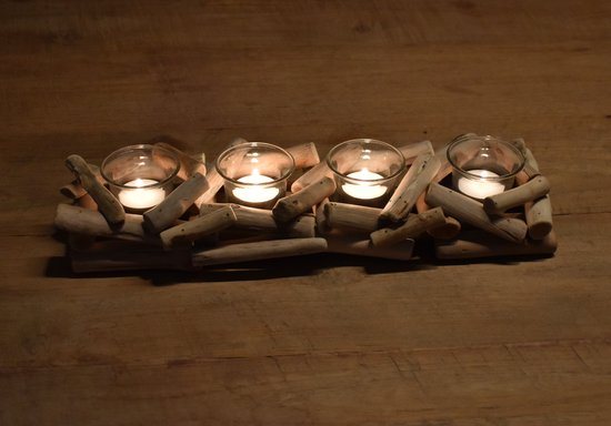 Theelichthouder hout set - Houten theelicht houder glas - Woonkamer decoratie - Tafeldecoratie - Candoo waxinelichthouder - 4 pcs waxinelichthouders