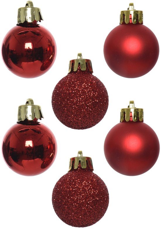 Decoris Kleine kerstballen - 14x stuks - rood - 3 cm - kunststof - onbreekbaar