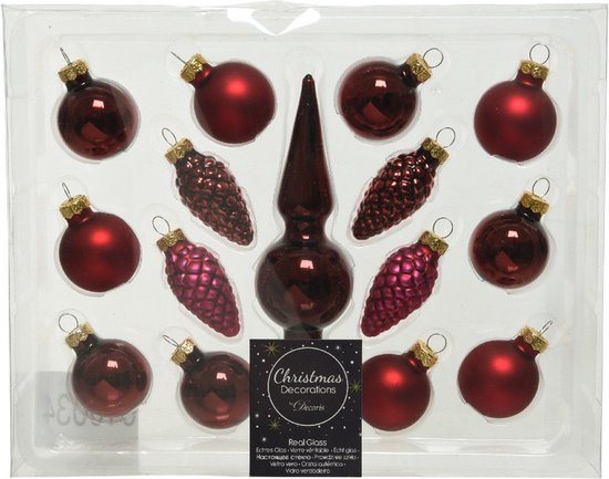 Decoris Mini kerstballen D3 cm - met piek - set 15-dlg - donkerrood - glas - kerstversiering