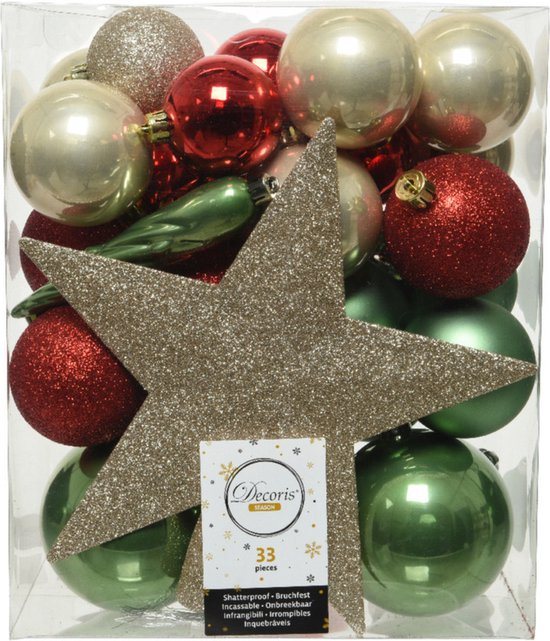 Decoris kerstballen set - 34-dlg - champagne/rood/groen - incl. piek - kunststof - kerstversiering