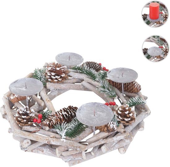 Adventskrans rond, kerstdecoratie tafelkrans, hout Ø 35cm wit-grijs ~ zonder kaarsen