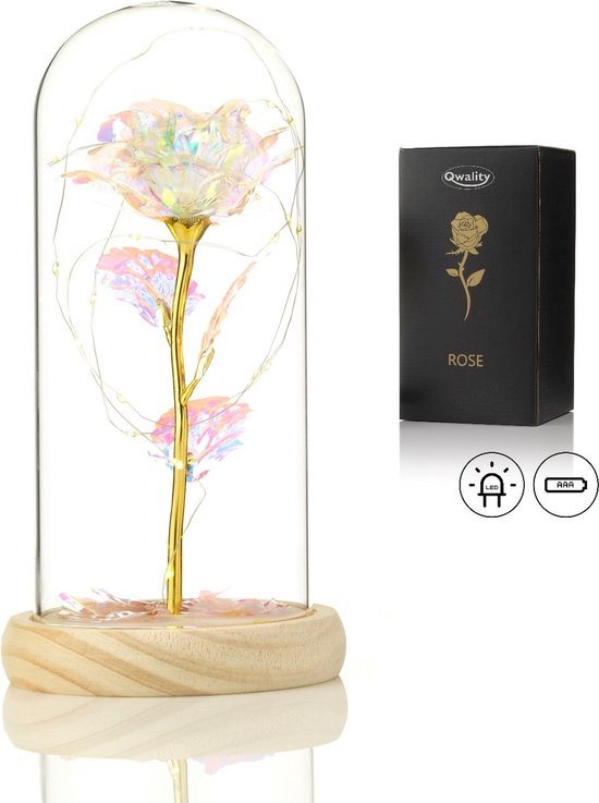 Qwality® Luxe Roos in Glas met LED – Gouden Roos in Glazen Stolp – Moederdag - Cadeau voor vriendin moeder haar - Galaxy Rose met Blaadjes - Lichte Voet