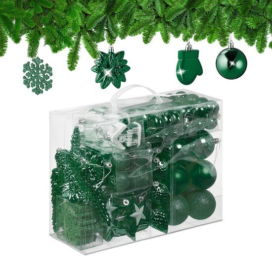 Kerstballen set van 100 - plastic - mat - glanzend - glitters - 10 designs - donkergroen