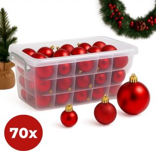 Lomera Kerstballen Set - Rode Kerstballen - Kunststof Kerstballen - Opbergbox - Mat Glanzend Glitter - Verschillende Uitvoeringen - Kerstboom Versiering - Kerstdecoratie - 70 Stuks - Afsluitbaar Deksel - Kerstversiering Rood - Diverse Maten