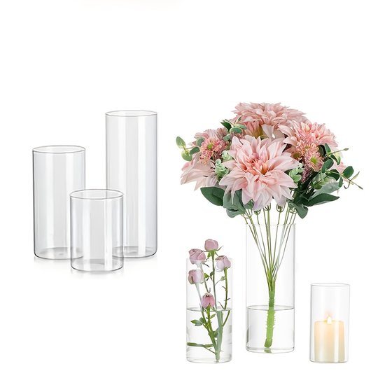 Set van 6 klassieke cilindrische glazen vazen, decoratieve containers voor bloemen, kaarsen en tafelcentra - Robuust en betrouwbaar voor huis, bruiloften en vakantie decoraties