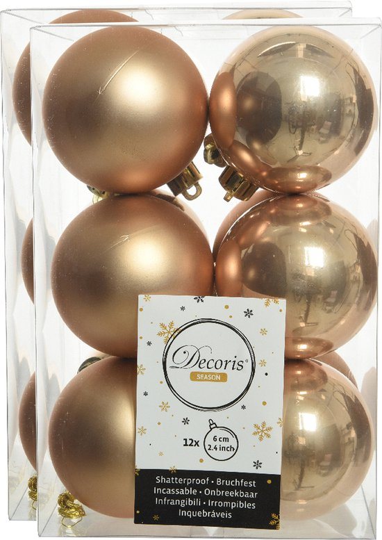 Decoris kerstballen - 24x st - toffee bruin - 6 cm - kunststof - mat/glans