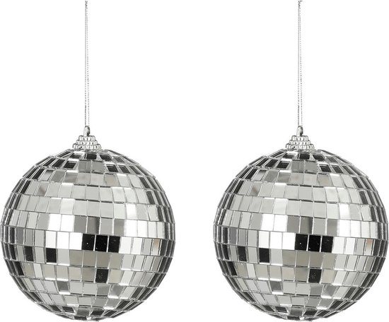 House of Seasons discobal kerstballen - 2x - zilver -10 cm -foam-spiegelbol