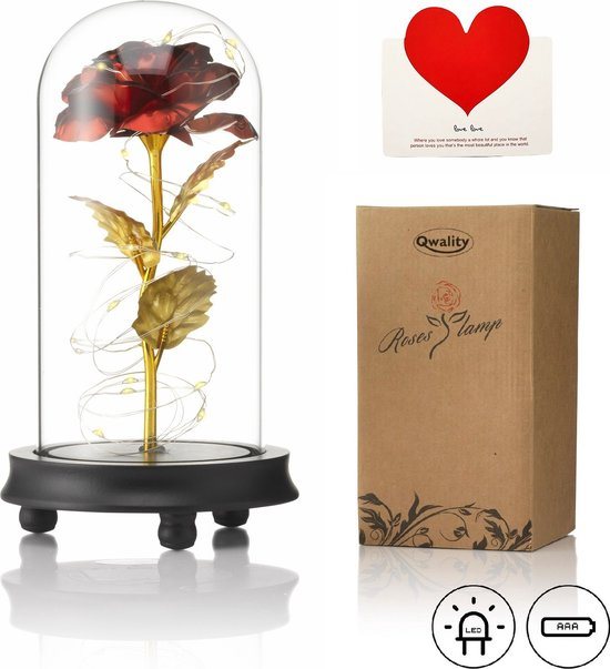 Luxe Roos in Glas met LED met Geschenk Kaartje – Gouden Roos in Glazen Stolp – Moederdag Cadeau - Valentijn - Bekend van Beauty and the Beast Rose - Cadeau voor vriendin moeder haar - Donkere Voet - Qwality®