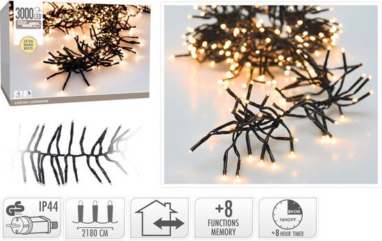 Clusterverlichting - 3000 LED - 22m - Timer - Lichtfuncties - extra warm wit