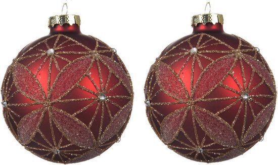 6x Kerst rode glazen kerstballen 8 cm met gouden glitters patroon - Mat/matte - Kerstboomversiering rood