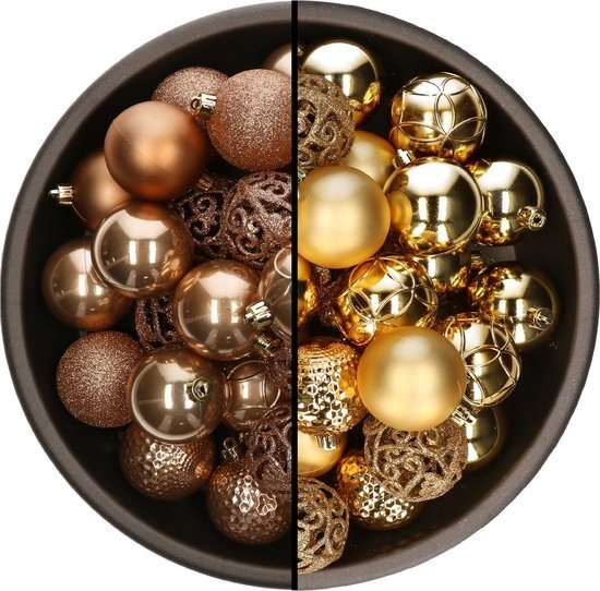Bellatio Decorations Kerstballen mix - 74-delig - camel bruin en goudkleurig - 6 cm - kunststof