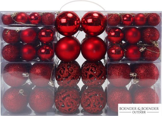Boender Outdoor - Kerstballen Set Rood - 100 Kunststof Kerstballen - Verschillende Afwerkingen - Ø 3/4/6 cm