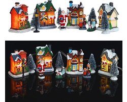 Kerstdorp Set LED Verlichte Miniatuur Huizen Stad - Huis 10 Stks Hars Kerst Scene Dorp - Kerst Beeldjes Ornament .