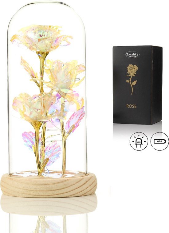 Luxe Roos in Glas met LED – Gouden Roos in Glazen Stolp – Moederdag - Cadeau voor vriendin moeder haar - Galaxy Rose 3x met Blaadjes - Lichte Voet - Qwality®