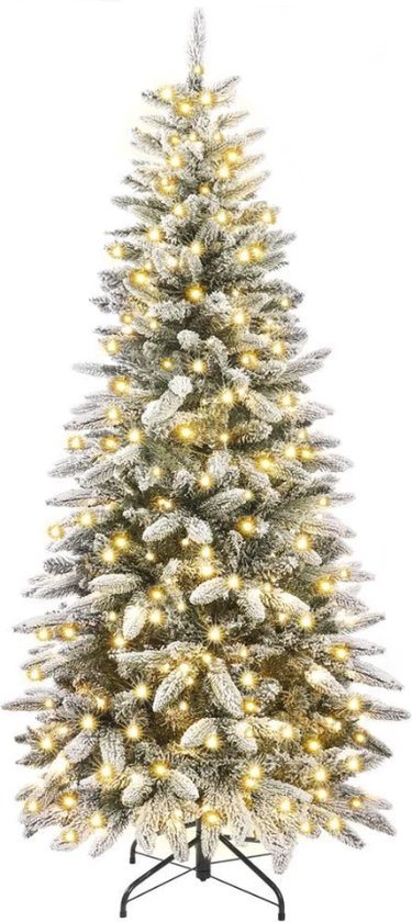 Kunstkerstboom Smal 210 cm - Kunstkerstbomen - Met Led Verlichting - Nieuwe Kleuren lampjes - Kerst - Kerstboom Sneeuw
