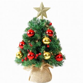 Mini kunstkerstboom 40 cm met LED-verlichting – Compleet versierde tafelkerstboom met ster, kerstballen & bessen – 8 lichtstanden – werkt op AA-batterijen