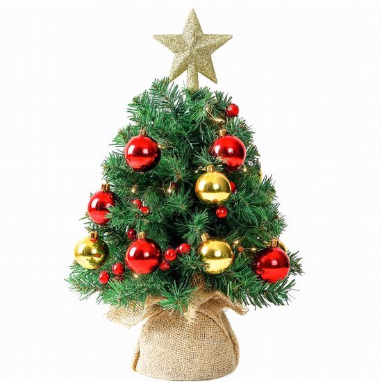 Mini kunstkerstboom 40 cm met LED-verlichting – Compleet versierde tafelkerstboom met ster, kerstballen & bessen – 8 lichtstanden – werkt op AA-batterijen