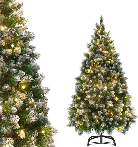 Kunstkerstboom Met LED-Verlichting 2,1m - Realistische PVC Takken Met Sneeuw-Effect - Kindveilig & Brandveilig - Inclusief Standaard