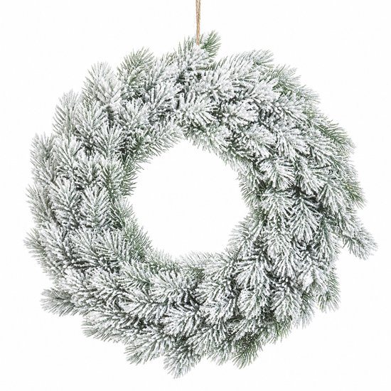 Witte Kerstkrans met Sneeuw Ø 40 cm – Winterse Deurkrans met Dennenappels – Ronde Kerstdecoratie voor Binnen en Buiten – Houten Kerstkrans – Wit