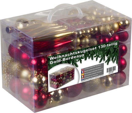 Kunststof Kerstballen - set 130 ballen piek parelsnoer - Goud/Bordeaux