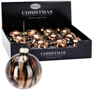Ceruzo Glazen Kerstballen – Set van 12 – Glanzend 8 cm – Bruin Goud Zwart Glitter Onder Glas