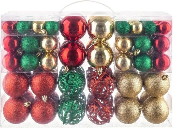 Livano Kerstballen - Kerstversiering - Plastic - Rood+Groen+Goud - Kerstballenset - 100 stuks