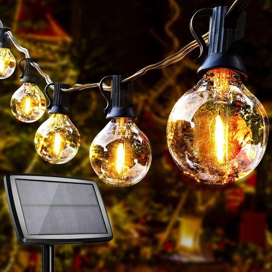 Zonne-energie Lichtsnoer Buiten, 10+1 G40 LED Solar Lichtsnoer, IP44 Waterdicht met 4 Lichtstanden, Binnen- en Buitendecoratie voor Tuin, Feest, Terras