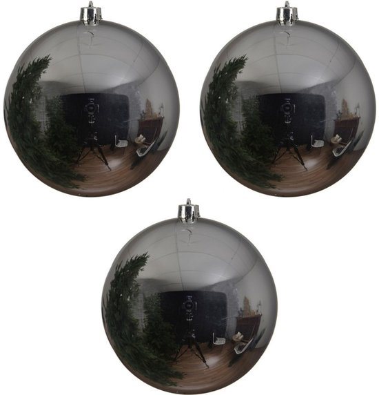 Decoris grote kerstbal - 3x - zilver - glans - kunststof - 14 cm - onbreekbaar - kerstversiering - kerstboomversiering