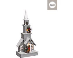 Kerst huisje Kerk grijs 10 led battery operated - l21xw12xh48cm