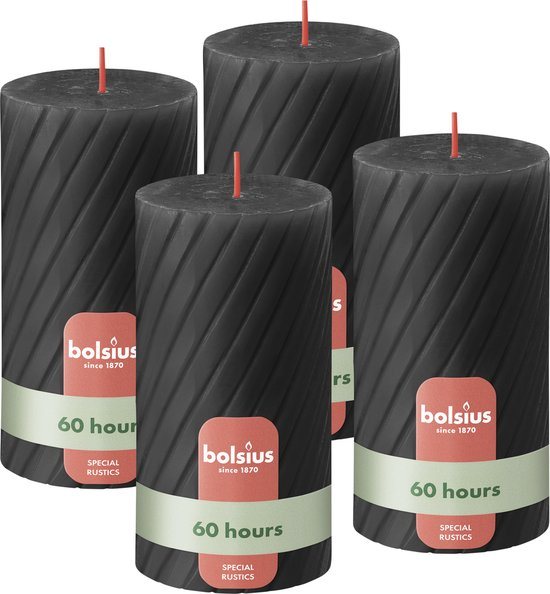 Bolsius - Rustieke Kaars - Gedraaid Patroon - 4 stuks - Antraciet - 60 branduren - 13 cm