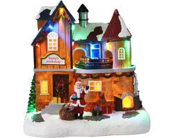 Kerstdorp huis - Santa Workshop - 20 x14 x 21 cm - met beweging en gekleurde led verlichting - kersttafereel