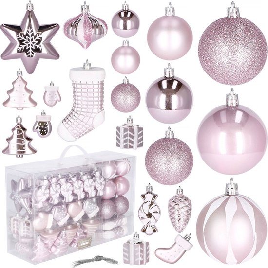 Springos Kerstballen | Kerstversiering | Onbreekbaar | 77 Stuks | Roze/Wit