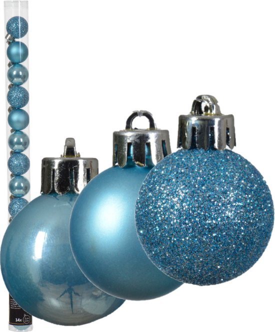 Decoris Mini kerstballen - 14x st - lichtblauw - D3 cm - kunststof - kerstversiering