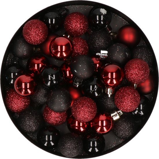Kerstballen mix - Set van 40x stuks - kunststof - zwart en donkerrood - Dia 3 cm - Kerstversiering - kleine balletjes voor mini boompjes