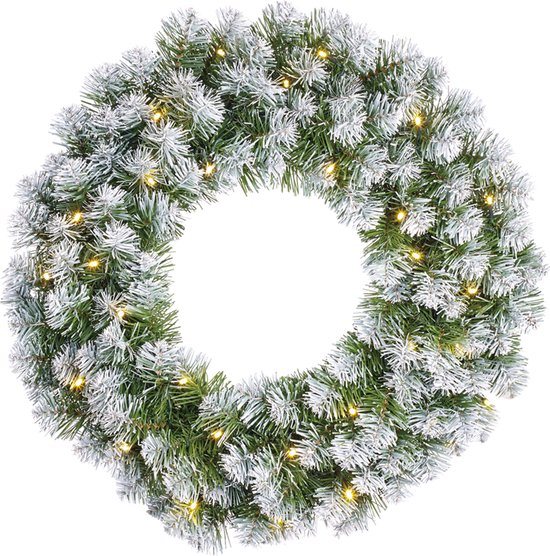 Black Bos Kerstkrans - D60 cm - groen - met verlichting - 30 LEDS - en sneeuw - Deurkrans - voordeur kransen