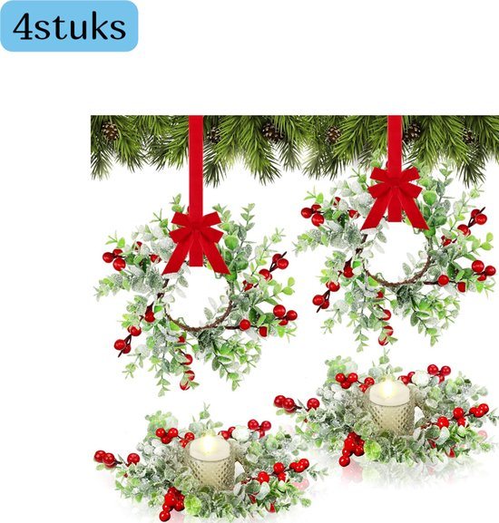 4 stuks - Kerstkrans - Raam- en deurversiering - Kaarsversiering - Krans - Kaarsenhouder - Kerstversiering met klimplantmotief - Geschikt voor Kerstmis, kaarsen - 20 cm - Groen