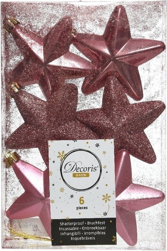 Decoris kersthanger sterren - 6x st - oudroze - 7 cm - kunststof - kerstornamenten - kerstversiering