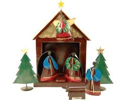 Kerstgroep 9 figuren metaal in huisje rood/goud H 30 cm - Bali-SA Indonesie