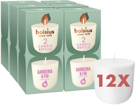 Bolsius - CleanLight - 12 Gegeurde Navullingen - Gardenia & Fig - 24 Branduren - Navulbare Geurkaarsen