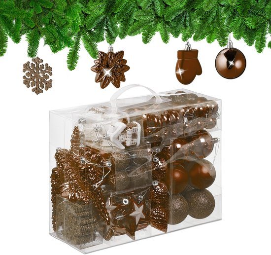 Kerstballen set van 100 - plastic - mat - glanzend - glitters - 10 designs - bruin
