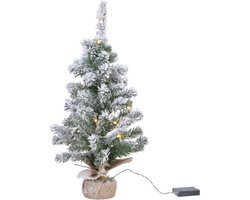 Everlands kleine kunst kerstboom - H60 cm - met sneeuw en kerstverlichting - kunstboom met lichtjes - kerstboompjes